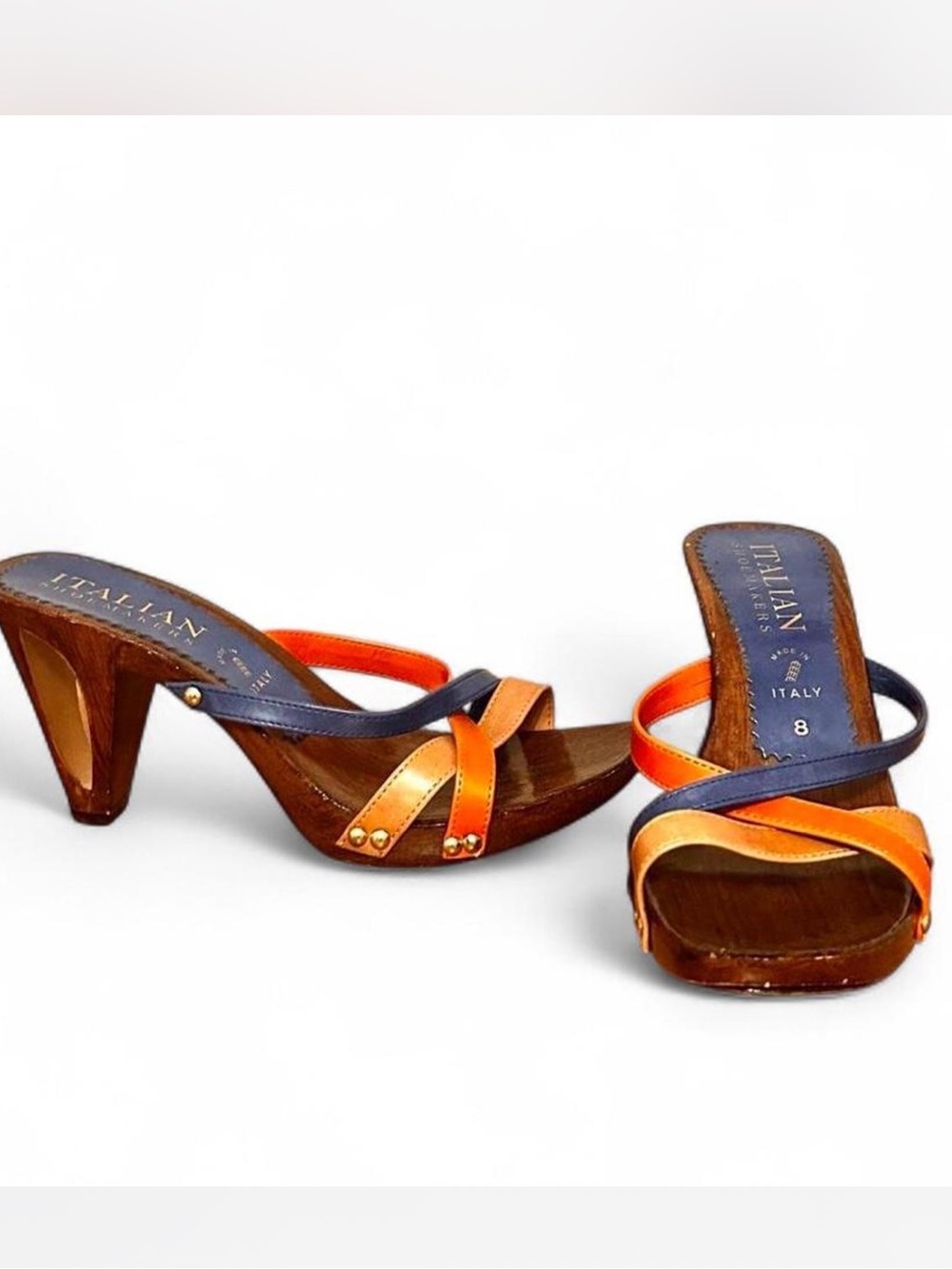 vintage brown & multicolored italian shoemakers wooden strappy sandals
